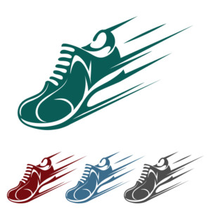 Speeding running shoe icons in four color variations with a trainer, sneaker or sports shoe with speed and motion trails, vector silhouette on white