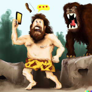 A Caveman with a cell phone running from a Sabretooth Tiger